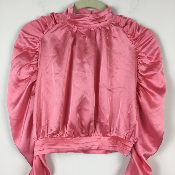 PrettyLittleThing Tops - Pretty Little Thing Hot Pink Satin High Neck Ruched Long Sleeve Top Size 6